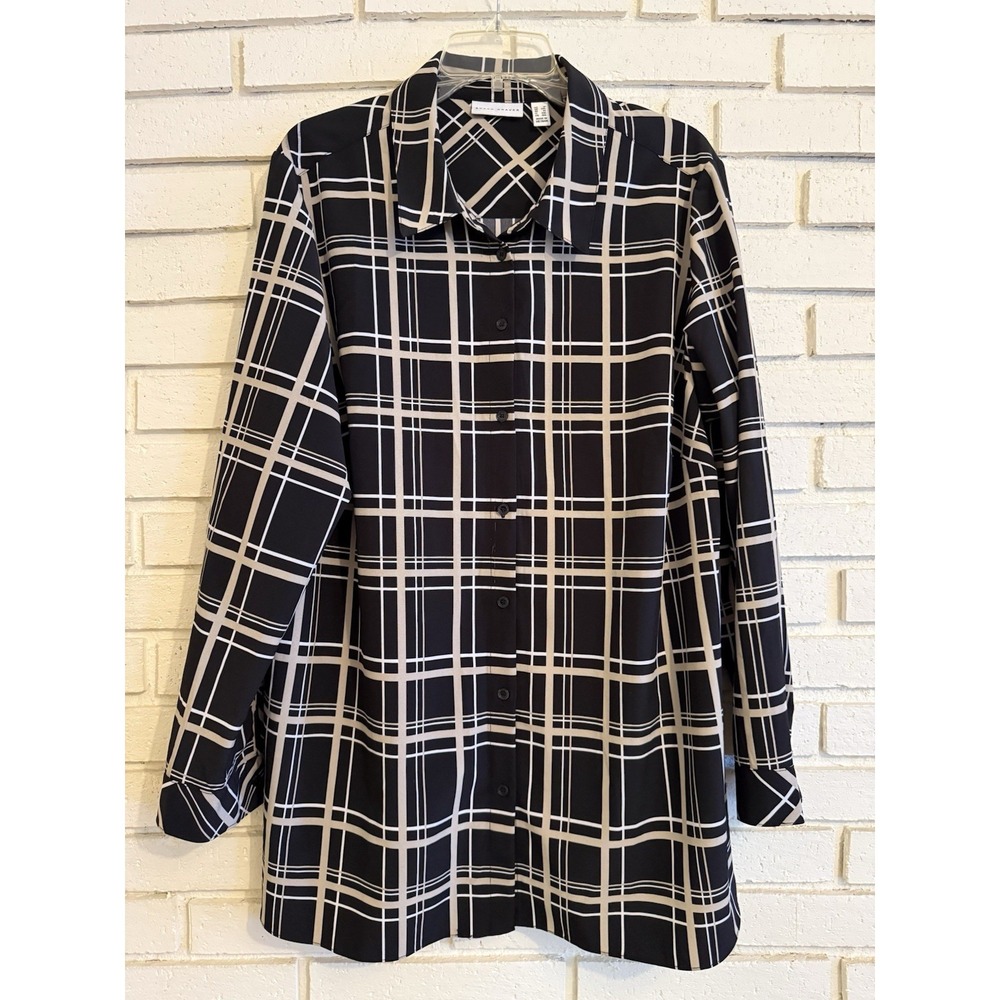 Susan Graver Printed Stretch Woven Button Front Tunic Shirt 1X Black Tan Plaid
